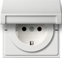 Gira F100 wandcontactdoos met randaarde, klapdeksel en KBV zuiverwit glanzend Gira F100 wandcontactdoos met randaarde, klapdeksel en KBV zuiverwit glanzend