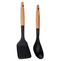 Kook/keuken gerei - set van 2x stuks - zwart/bruin - kunststof/hout - kook accessoires - Soeplepels