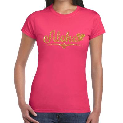 Hawaii verkleedkleding T-shirt - Aloha - roze - voor dames - met gouden letters