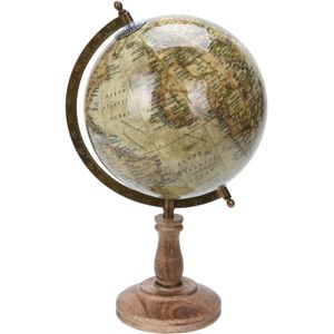 Decoratie wereldbol/globe beige op mangohouten voet 23 x 38 cm