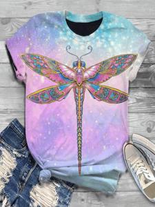 Vintage Short Sleeve Dragonfly Printed Crew Neck Casual Top