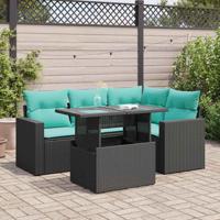 5-delige Loungeset met kussens poly rattan acacia zwart