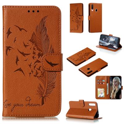 Voor Galaxy A20s Feather patroon Litchi textuur horizontale Flip lederen draagtas met houder & portemonnee & kaartsleuven (bruin)