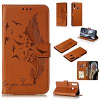 Voor Galaxy A20s Feather patroon Litchi textuur horizontale Flip lederen draagtas met houder & portemonnee & kaartsleuven (bruin)
