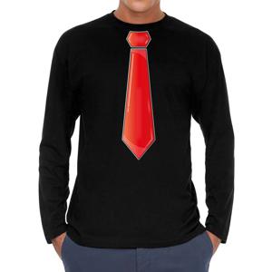 Verkleed shirt voor heren - stropdas rood - zwart - carnaval - foute party - longsleeve