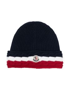 Moncler Enfant bonnet rayé à logo signature - Bleu