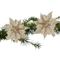 2x stuks kerstboom bloemen roos champagne glitter op clip 10 cm - Kersthangers - thumbnail