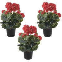 Set van 3x stuks rode geranium Pelargonium Graveolens kunstplanten in zwarte kunststof pot 35 cm - thumbnail