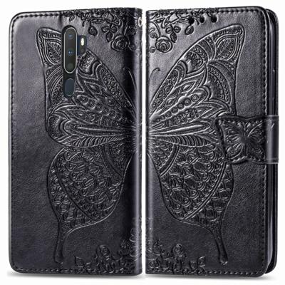 Voor OPPO A5 (2020)/A9 (2020) Butterfly Love Flower reliëf horizontale Flip lederen draagtas met beugel Lanyard Card slot portemonnee (zwart)