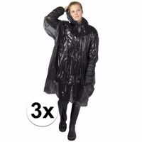 3x wegwerp regenponcho zwart - thumbnail