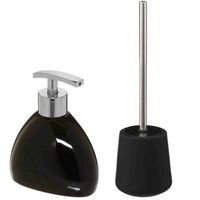 WC-/toiletborstel en houder - zandsteen zwart - met zeeppompje - Badkameraccessoireset - thumbnail