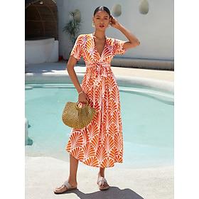 Dames Midi-jurk Maxi-jurk Oranje Korte mouw Geometrisch Met riem Lente zomer V-hals Patroon jurk S M L