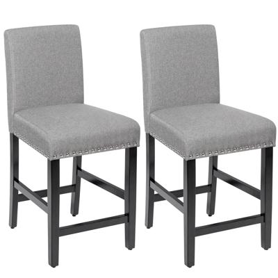 Set van 2 Tooghoogte Stoelen Gestoffeerde Barstoelen Rubberhouten Poten Ademende Linnen Stof Spons met Hoge Veerkracht