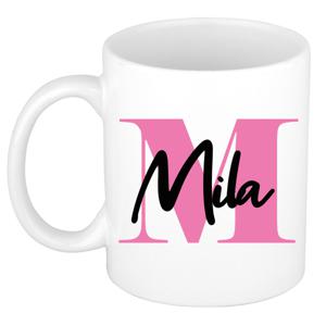 Naam mok Mila - roze - wit - keramiek - 300 ml - verjaardag/cadeau beker