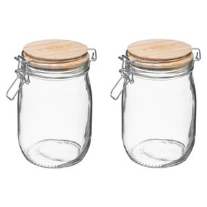 2x stuks voorraadbussen/voorraadpotten 1L glas met houten deksel en beugelsluiting