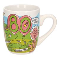 Cartoon cadeau mok/beker Hoera 80 jaar verjaardag / versiering