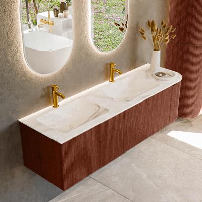 Badmeubel Mondiaz Kurve-Dlux | 155 cm cm | Meubelkleur Ruby | Wastafelkleur Frappe | Solid surface | Dubbel / Links spoelbak | 2 kraangaten