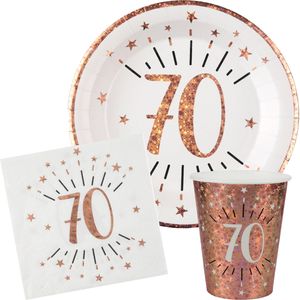 Verjaardag feest bekertjes/bordjes en servetten leeftijd - 30x - 70 jaar - rose goud - Feestpakketten