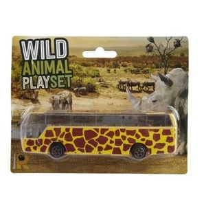 Bus safari speelgoedauto geel giraffe print 14 cm