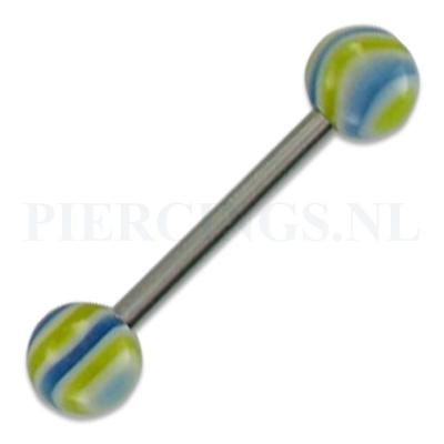 Tongpiercing gegolfd blauw geel