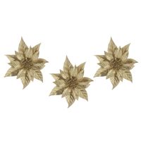 3x stuks decoratie bloemen kerstster goud glitter op clip 18 cm - Kunstbloemen - thumbnail