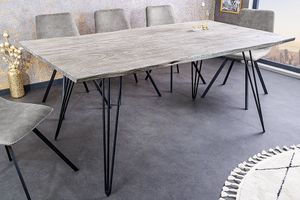 Massief houten eettafel SCORPION 140cm grijze acaciaboomrand zwarte metalen poten haarspeldpoten - 43665