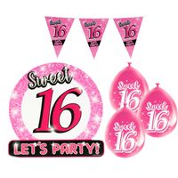 Sweet 16/Sixteen versiering pakket vlaggetjes/ballonnen roze - thumbnail