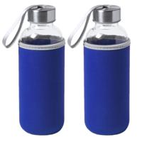 Waterfles/drinkfles Bidon - 2x - met softshell bescherm hoes - blauw - glas - 420 ml - Sportfles