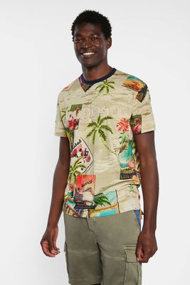 T-shirt met tropische ansichtkaartenprint - BROWN - XXL