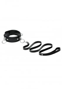 3 Ring Leather Collar with Leash - Black