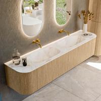 Mondiaz KURVE-DLUX 200 cm Onderkast Greeploos 2 Lades Met Deuren Oak, Wastafel Solid Surface Dubbel Frappe 0 Kraangaten Zonder Spiegel (KRVSTS200L+R2L2D0KD-Oak/Fra)