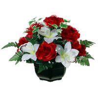 Kunstbloemen plantje orchidee/rozen in pot - kleuren rood/wit - 25 cm - Bloemstuk - met bladgroen - thumbnail