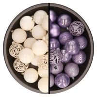 Kerstballen - 74x stuks - wol wit en lila paars - 6 cm - kunststof - Kerstbal - thumbnail