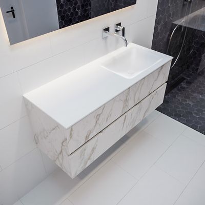 Mondiaz Vica Cloud badmeubel wit carrara mat 120 cm 4 lades solid surface enkele spoelbak rechts zonder kraangat