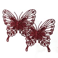 Decoratie vlinders op clip - 2x - donkerrood - 13 cm - glitter