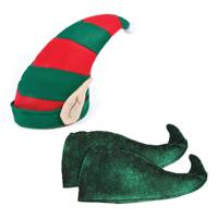 Kerst Elfen verkleed set - puntmuts - met oren - volwassenen - met groene schoenen - one size
