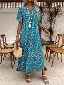 Women's Short Sleeve Summer Green Floral V Neck Daily Going Out Casual Maxi A-Line Dress