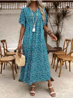 Women's Short Sleeve Summer Green Floral V Neck Daily Going Out Casual Maxi A-Line Dress