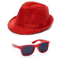 Carnaval verkleed set hoed en bril rood glitters - thumbnail