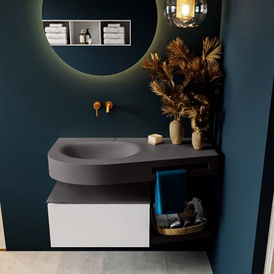 MONDIAZ RIVA 100cm badmeubel onderkast / planchet kleur Talc met 1 lade. Wastafel DULCET links 0 kraangaten kleur Dark_Grey. MONDIAZ RIVA 100cm badmeubel onderkast / planchet kleur Talc met 1 lade. Wastafel DULCET links 0 kraangaten kleur Dark_Grey.