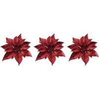 Cosy & Trendy Kerstboomversiering - 3x - bloem - op clip - rode kerstster - 18 cm