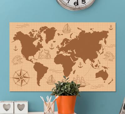 Wereldkaart canvas schilderij Bruin met kompas