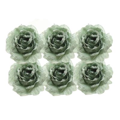 Kerstboomversiering Bloem - 6x stuks - 12 cm - salie groen - op clip - ornament - roos