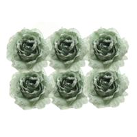 Kerstboomversiering Bloem - 6x stuks - 12 cm - salie groen - op clip - ornament - roos