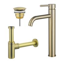Fortifura Calvi Wastafelkraanset - verhoogde wastafelkraan - always open plug - design sifon - Geborsteld Messing PVD (Goud) SW720549/SW696208/SW696213