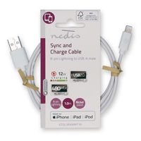Nedis Lightning Kabel | USB 2.0 | Apple Lightning 8-Pins | USB-A Male | 480 Mbps | Vernikkeld | 1.00 m | Rond | PVC | Wit | Label - CCGL39300WT10 - thumbnail