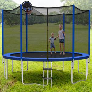 Trampoline met Basketbalring Veiligheidsnet Tuintrampoline met Ritssluiting en Gespen 6 Stangen Nethoogte 180 cm Zwart + Blauw