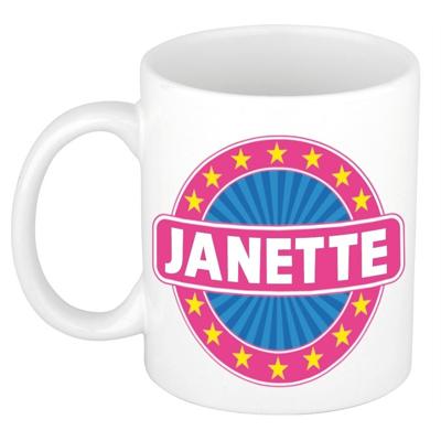 Janette voornaam koffiemok - beker - wit/roze - 300 ml - Cadeau - Dames - Collega - Moederdag Janette voornaam koffiemok - beker - wit/roze - 300 ml - Cadeau - Dames - Collega - Moederdag