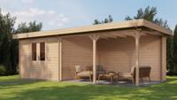 Lugarde Select Blokhut met overkapping Harderwijk 300x300cm + 400cm - Onbehandeld- Plat dak- - Lugarde Select Lugarde Select Blokhut met overkapping Harderwijk 300x300cm + 400cm - Onbehandeld- Plat dak- - Lugarde Select