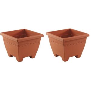 Hega Hoger Plantenbak/bloempot Lima - 2x - terracotta - vierkant - kunststof - 35x35x28 cm - planten pot - Plantenbakken